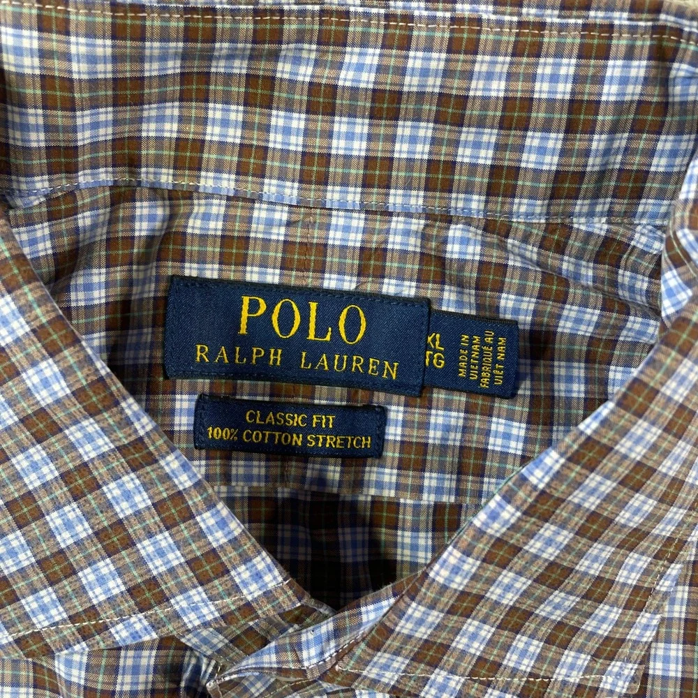 Polo Ralph Lauren Shirt Mens XL Brown Plaid Classic Fit Stretch Office Luxury